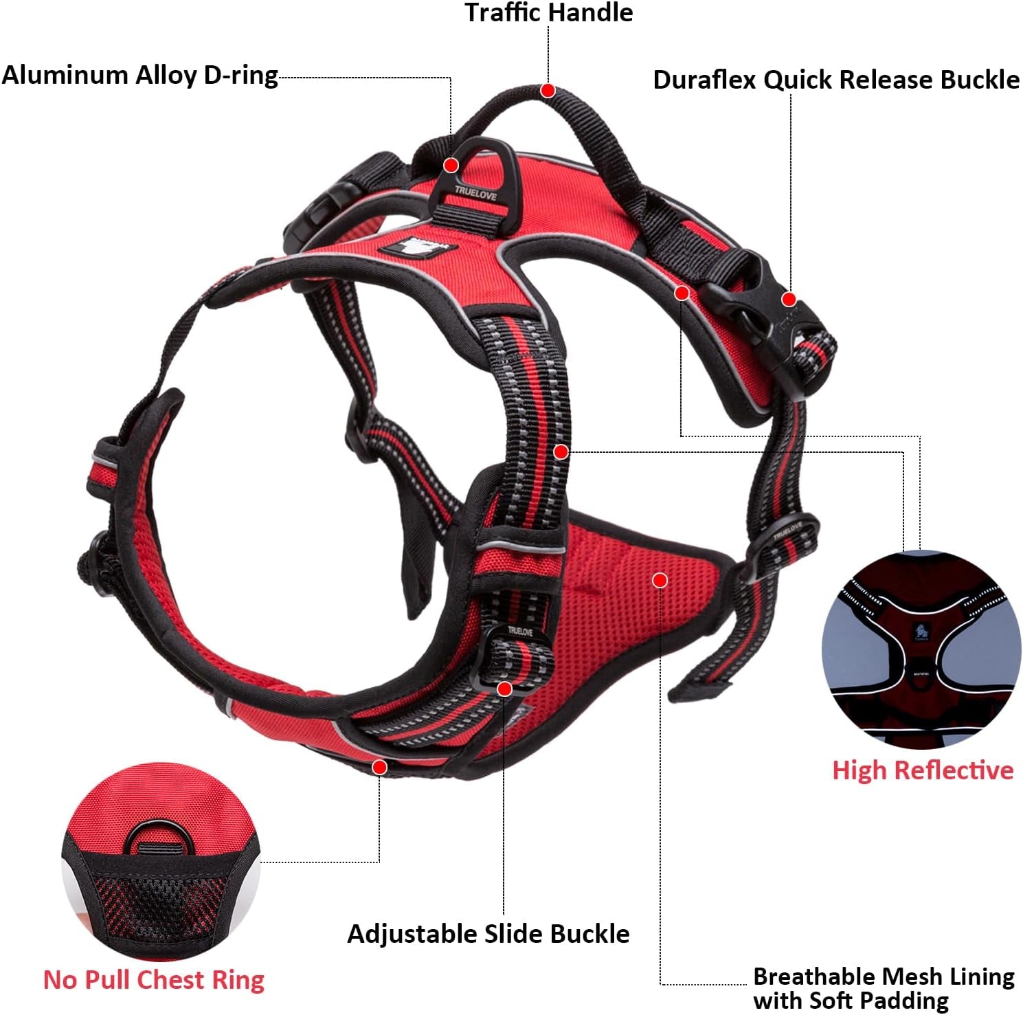 Adjustable No-Pull Reflective Dog Harness - Comfortable Control Vest in Royal Blue (Medium) by Truelove TLH5651