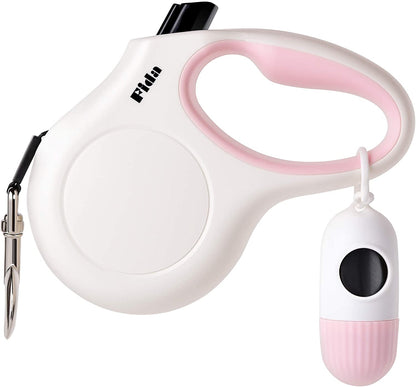 Retractable Dog Leash with Poop Bag Dispenser, 10 Ft Leash for X-Small Dogs and Cats up to 18 lbs, Anti-Slip Handle, Tangle-Free Design, Reflective Nylon Tape (XS, White)