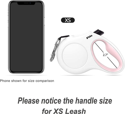 Retractable Dog Leash with Poop Bag Dispenser, 10 Ft Leash for X-Small Dogs and Cats up to 18 lbs, Anti-Slip Handle, Tangle-Free Design, Reflective Nylon Tape (XS, White)