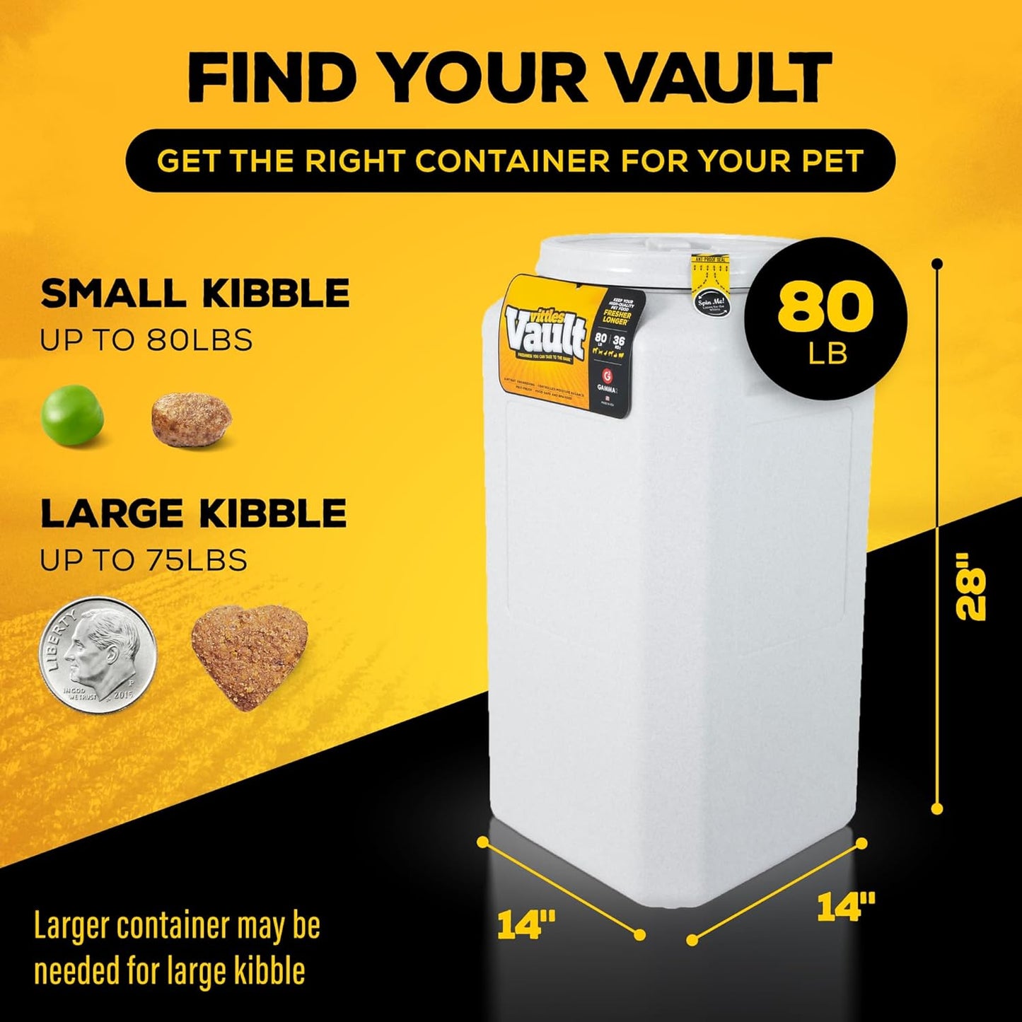Vittles Vault Pet Food Storage Container - Airtight Storage Solution for Dog and Cat Food, Capacity up to 80 lbs, Made in the USA - Dimensions: 14" L x 28" H