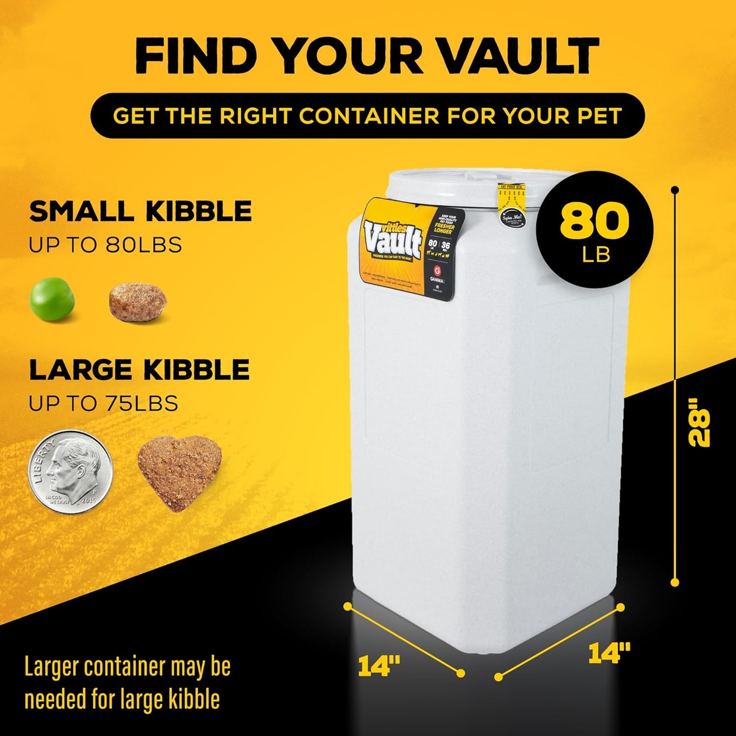 Vittles Vault Pet Food Storage Container - Airtight Storage Solution for Dog and Cat Food, Capacity up to 80 lbs, Made in the USA - Dimensions: 14" L x 28" H