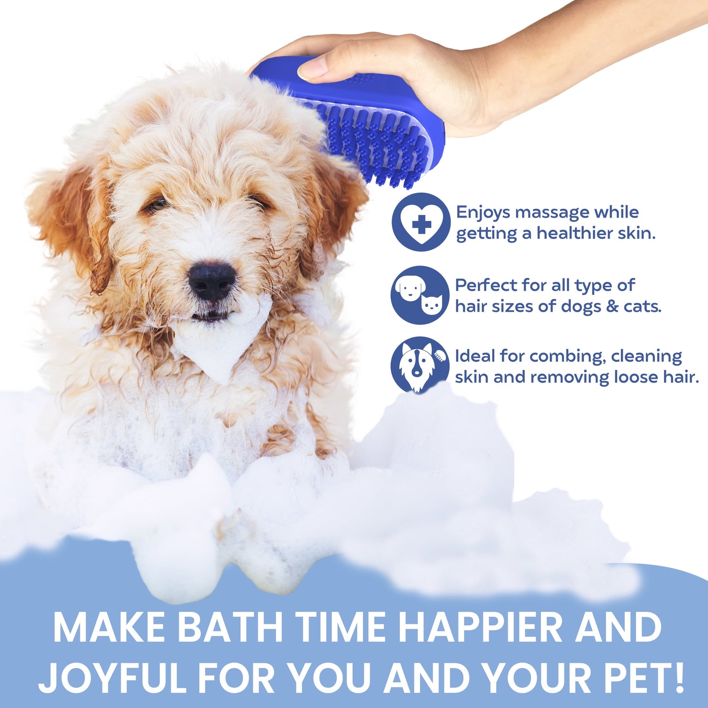 Dog Bath Scrubber Rubber Curry Comb and Pet Grooming Brush with Ergonomic Non-Slip Grip, Blue