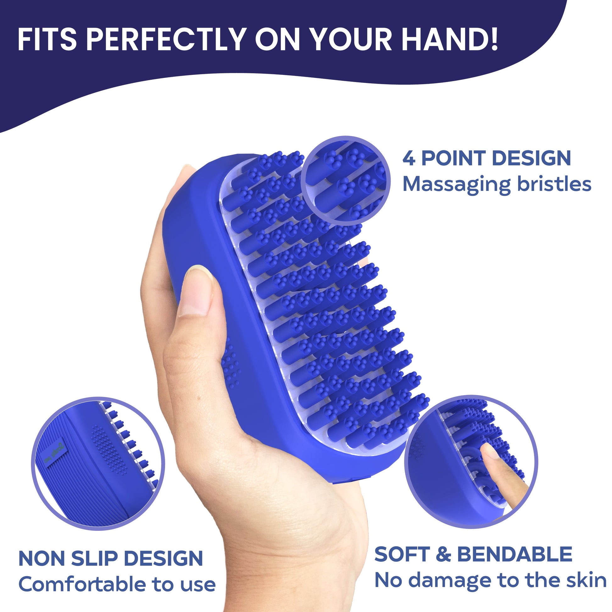 Dog Bath Scrubber Rubber Curry Comb and Pet Grooming Brush with Ergonomic Non-Slip Grip, Blue