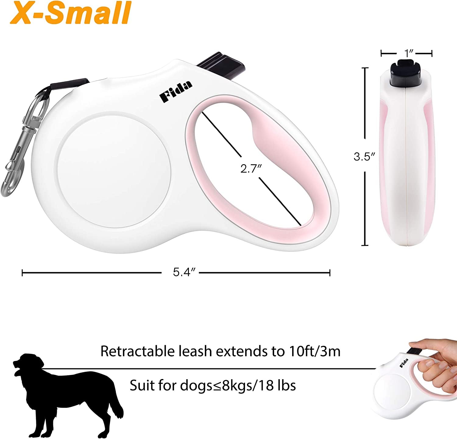 Retractable Dog Leash with Poop Bag Dispenser, 10 Ft Leash for X-Small Dogs and Cats up to 18 lbs, Anti-Slip Handle, Tangle-Free Design, Reflective Nylon Tape (XS, White)