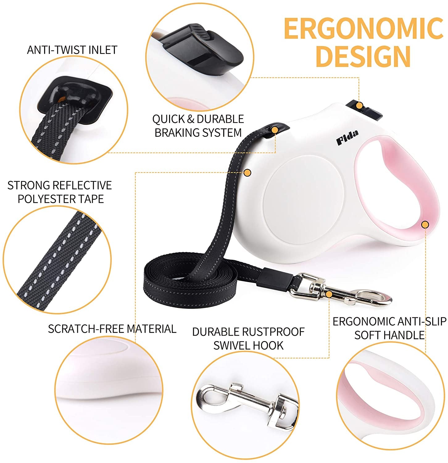 Retractable Dog Leash with Poop Bag Dispenser, 10 Ft Leash for X-Small Dogs and Cats up to 18 lbs, Anti-Slip Handle, Tangle-Free Design, Reflective Nylon Tape (XS, White)
