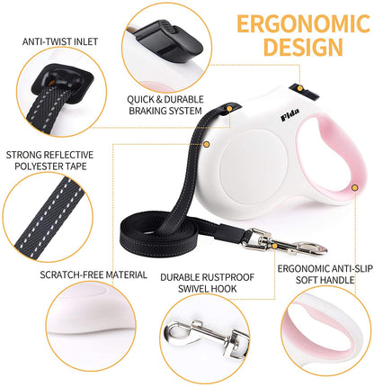 Retractable Dog Leash with Poop Bag Dispenser, 10 Ft Leash for X-Small Dogs and Cats up to 18 lbs, Anti-Slip Handle, Tangle-Free Design, Reflective Nylon Tape (XS, White)